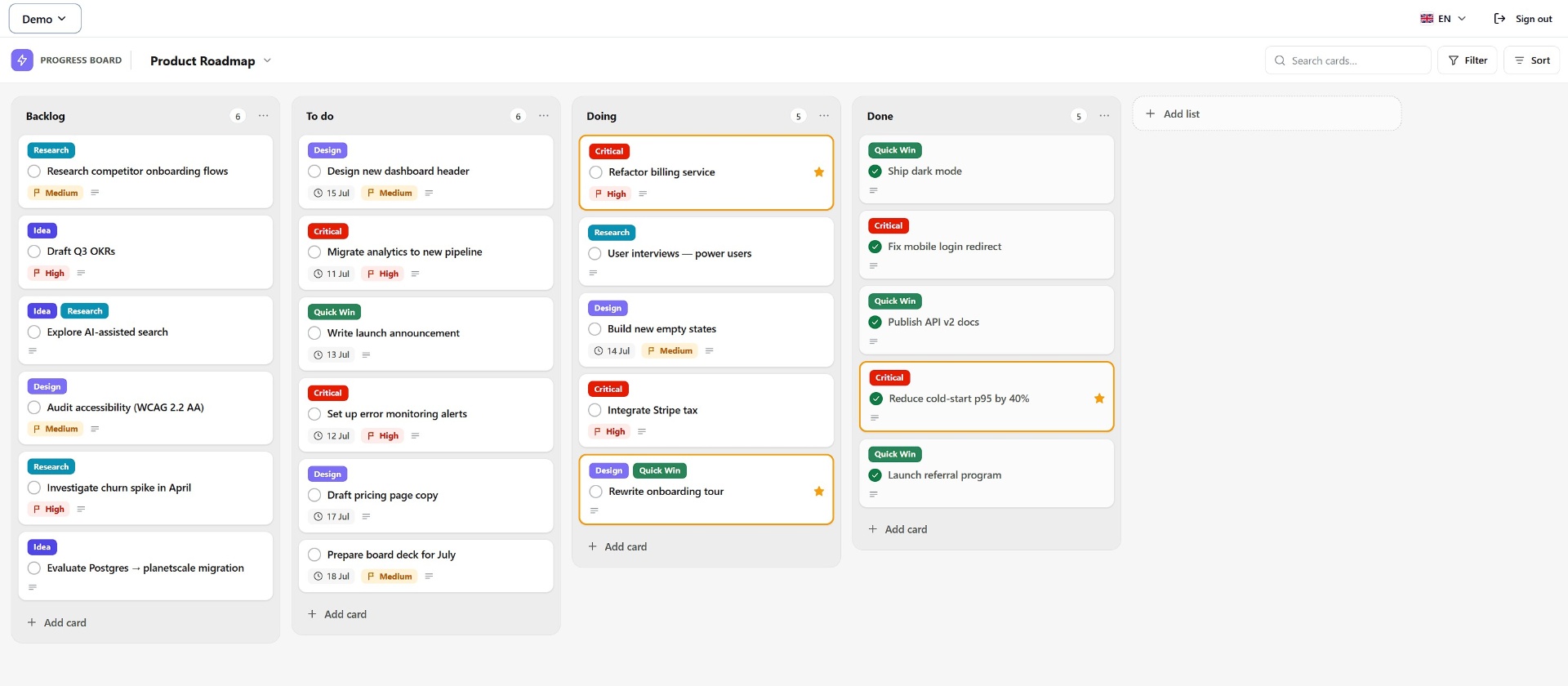 TaskMotion Kanban board with Backlog, To do, Doing and Done lists